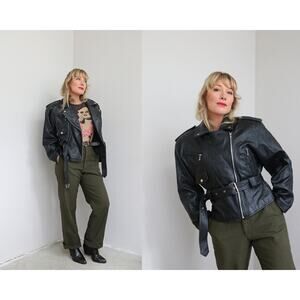 1990's Vintage Black Belted Motorcycle Jacket ~ Women's SM MD LG ~ 90's Biker